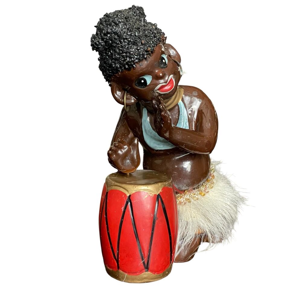Vintage African Tribal Dancer Playing Drums Figurine Ceramic Mid Century Japan